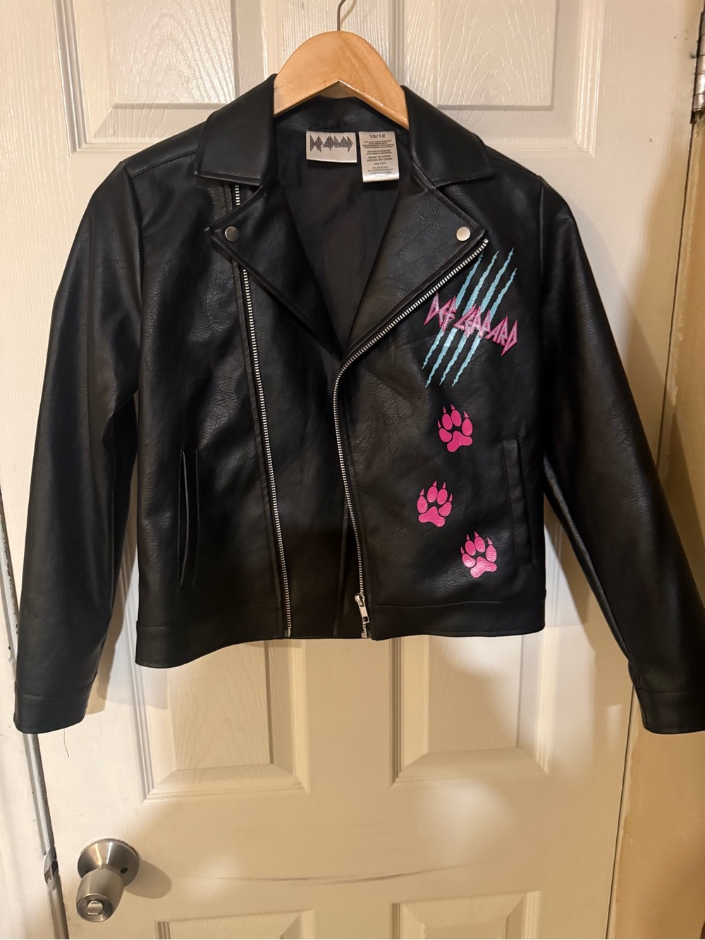 Def Leppard Kids' Black Faux Leather Moto Jacket with Pink Paw & Blue Graphics
